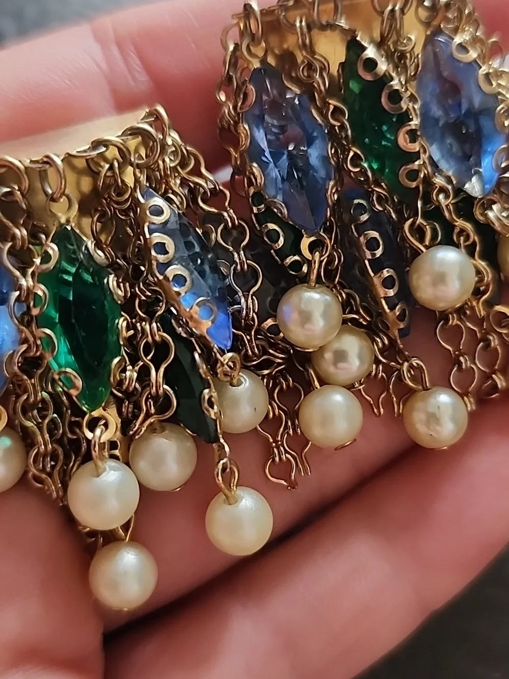 VTG Gold-Tone Pearl Clip Earrings with Blue and Green Crystal Accents - Picture 2 of 9